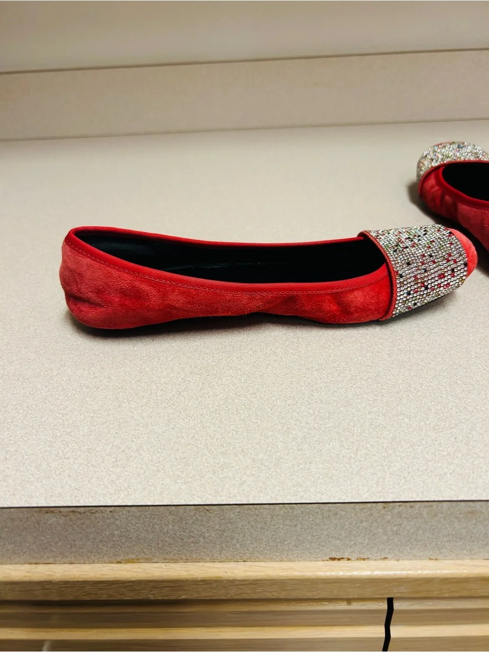 Vaneli Red Suede Flats with Multicolor Crystal Band